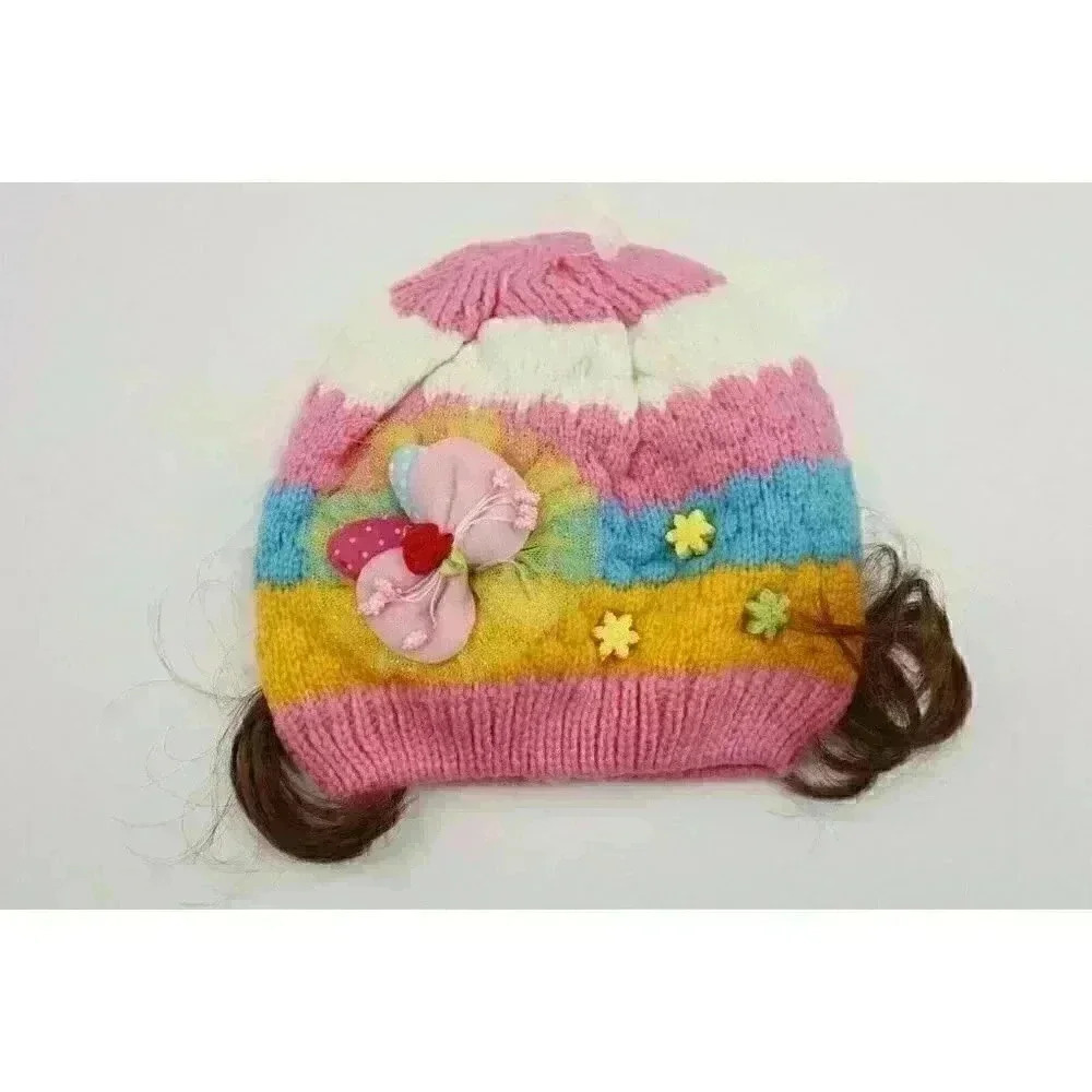 HAND knitted girl hat with knitted applique with beads for 3-6 year old. NEW.